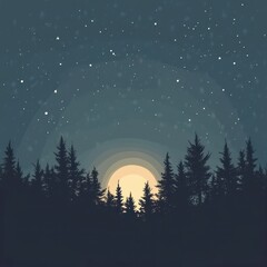 Naklejka premium Silhouette of tall trees against starry night and moon