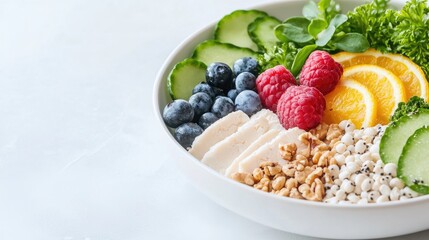 Healthy colorful bowl with chicken, cucumber, berries, orange slices, and walnuts