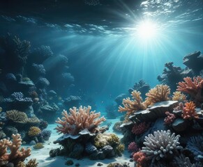 Obraz premium Dreamy underwater scene with a white light glow surrounding coral reefs, glow, coral