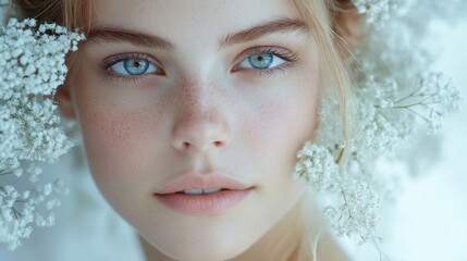 Close up of a beautiful woman framed with small white flowers