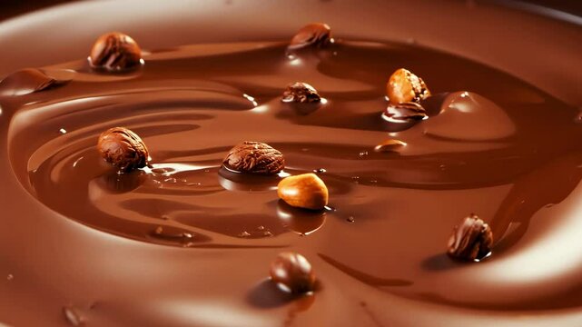 AI-generated video showing smooth chocolate with floating hazelnuts, capturing the rich texture and glossy appearance of melted chocolate.
