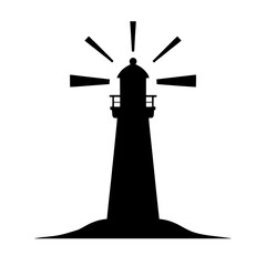 Minimalist black silhouette of a lighthouse with guiding light beams on white background