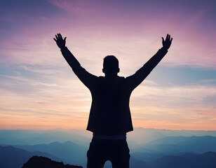 Fototapeta premium silhouette of a man with arms outstretched, a person celebrating his success on the top of a mountain by stretching his arms, silhouette of man with arms outstretched