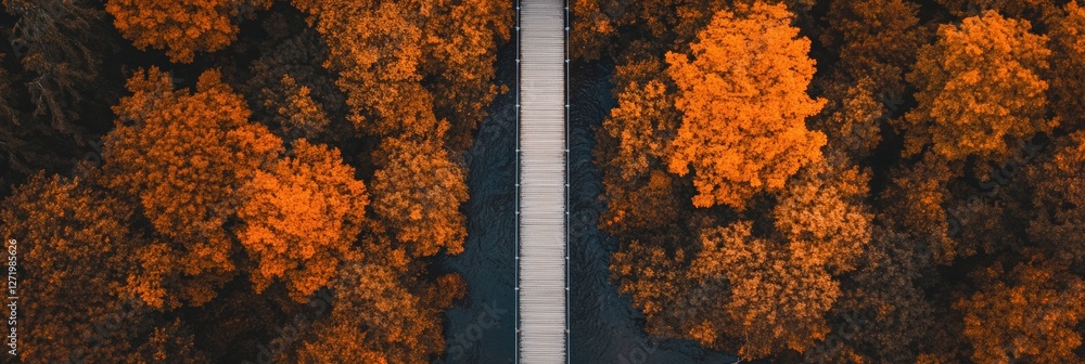 Poster aerial view of a wooden footbridge crossing a dense forest with trees displaying vibrant autumn foli