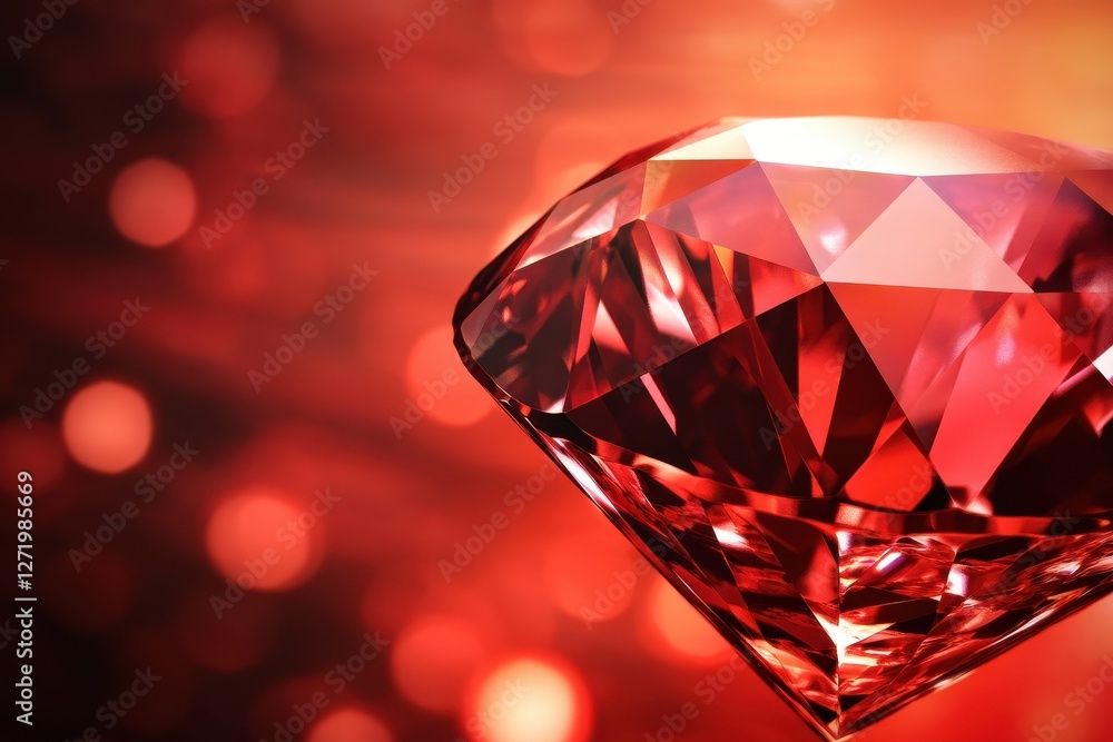 Poster large red gemstone with many facets and bokeh background