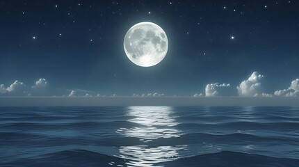 A crescent moon shimmering over a tranquil ocean, Ramadan Ambience.