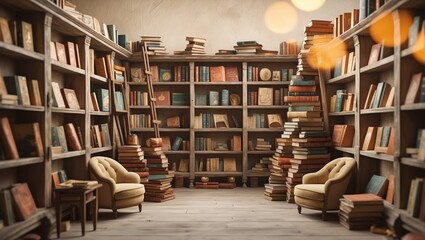 Cozy antique library filled with shelves of vintage books and inviting armchairs for peaceful reading