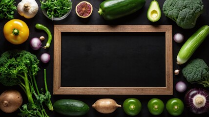 Frame of green raw vegetables on black background. Top view of healthy organic food. Flat lay. Copy space
