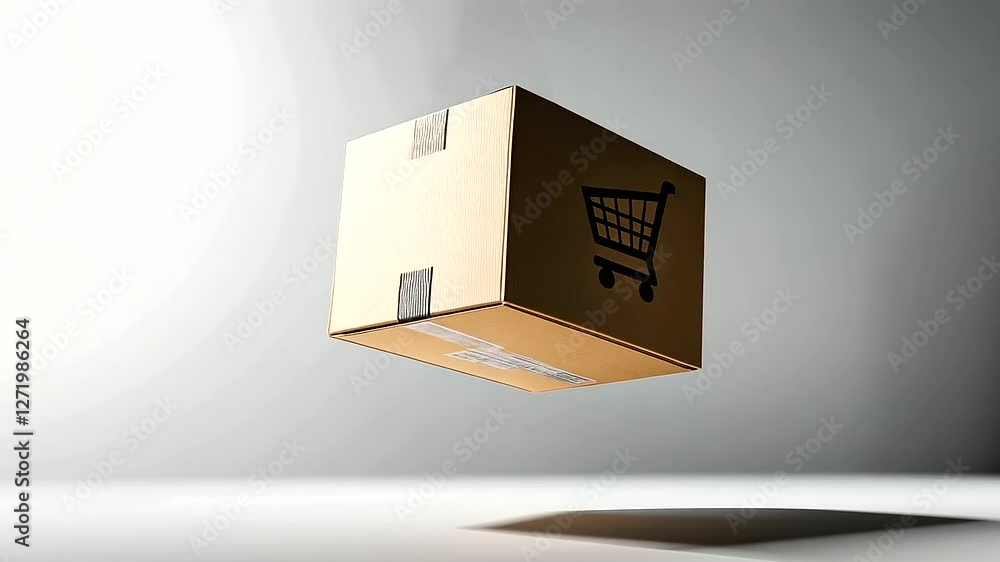 Poster a dynamic composition showing a cardboard box with a shopping cart icon floating against a plain whi