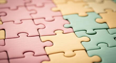 Fototapeta premium Colorful puzzle pieces in pastel shades of pink, yellow, and green