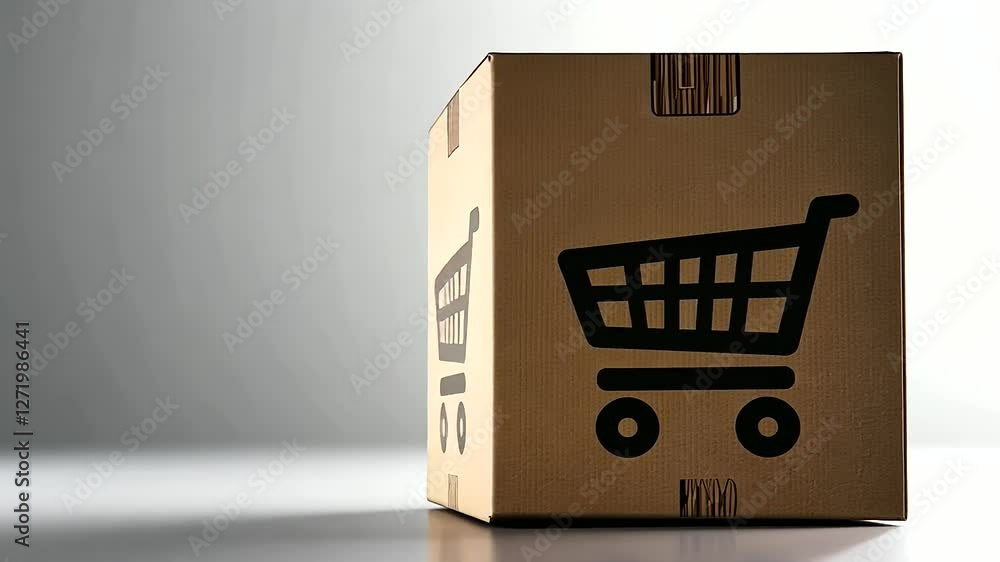 Poster a cardboard box with a digitally styled shopping cart icon, set on a plain white background with a s
