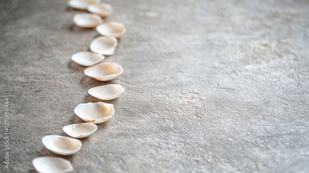 Poster seashells elegantly arranged in a gentle curve on a stone surface