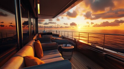 Cozy boat interior bathed in sunset hues, with economic trends and financial analytics subtly integrated.