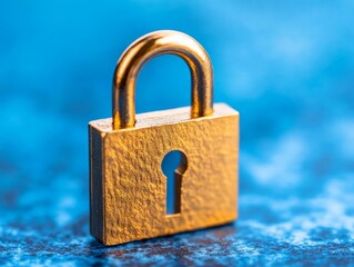 Close up golden padlock on textured blue surface representing cybersecurity data protection...