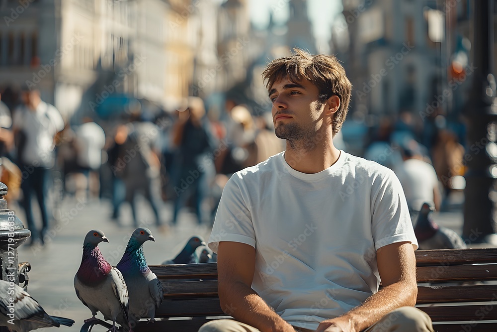 Poster man sitting on bench with pigeons in a bustling square during late afternoon. generative ai.