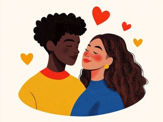 Romantic illustrated portrait of diverse couple in love with warm affectionate expressions artistic cartoon style representing relationship happiness emotional connection and cultural inclusivity