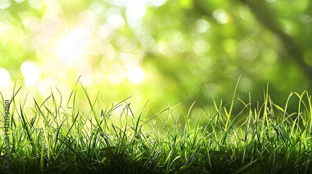 Poster sunlight filters through trees, highlighting vibrant grass in spring. generative ai