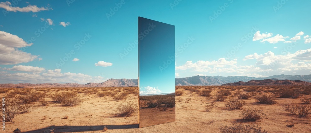 Poster reflective monolith in a vast desert landscape under a bright blue sky surreal mirrored structure re