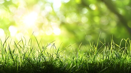 Sunlight filters through trees, highlighting vibrant grass in spring. Generative AI