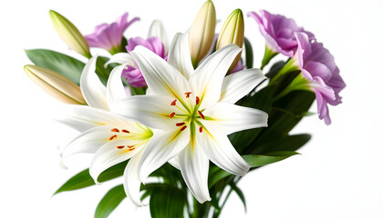 Obraz premium White Lily flower bouquet isolated on transparent background, isometry. with white shades