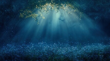 Obraz premium Sunbeams illuminate mystical blue forest, fantasy backdrop