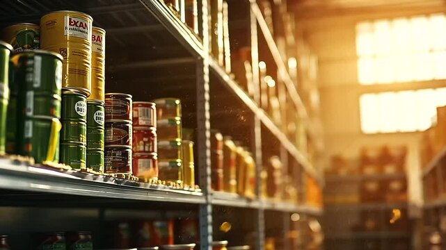 A close-up view of canned goods stacked on metal shelving units, with bright sunlight streaming through high windows in the background