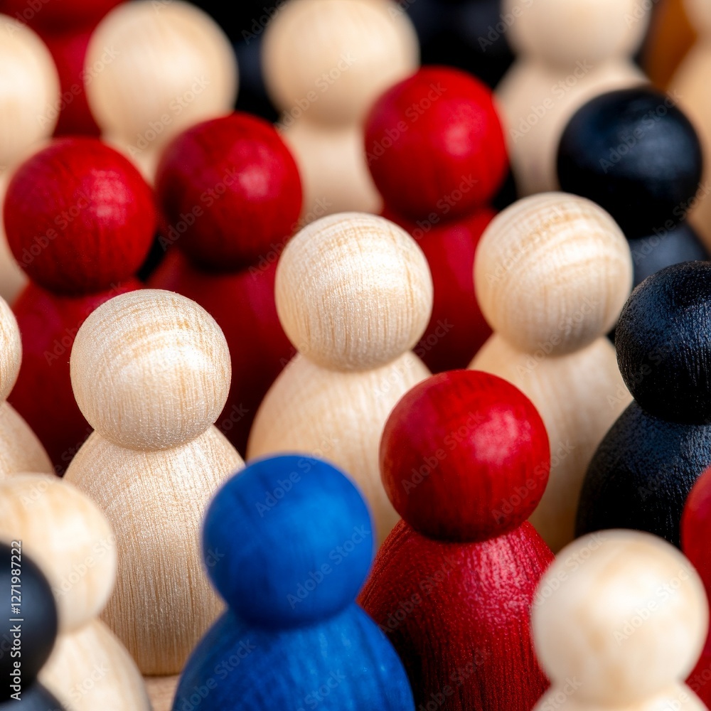 Aufkleber abstract wooden spheres in red blue and beige arranged in geometric pattern symbolizing interconnect