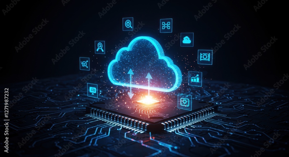 Poster a glowing digital cloud surrounded by icons representing data, connectivity and technology floating 