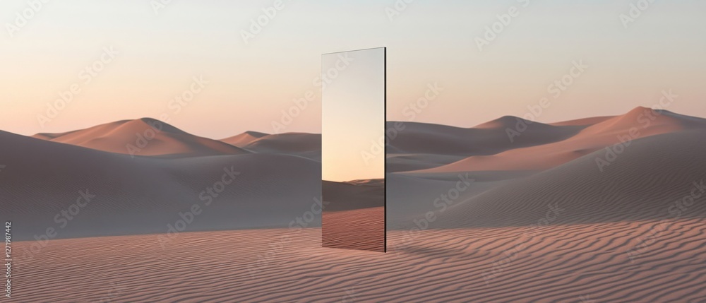 Poster surreal desert landscape with a reflective monolith at sunset minimalist art concept of illusion, re