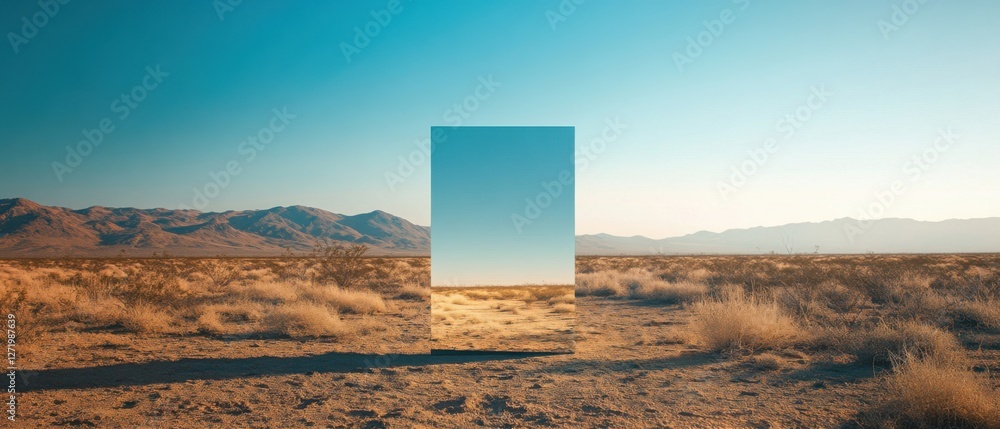 Poster Surreal desert landscape with a large mirror reflecting the sky and creating a portal effect Minimalist art installation in a vast, arid environment Concepts of illusion, reality, and altered percepti
