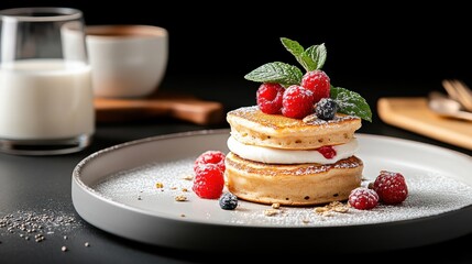 Elegant stack of multigrain pancakes with berries and cream for a delicious breakfast presentation.