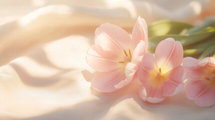 Fototapeta premium Soft pink tulips on delicate fabric in warm sunlight