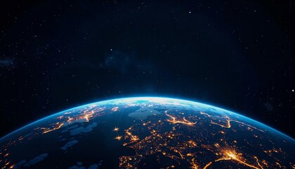 Naklejka premium Cosmic perspective of Earth at night showcasing vibrant city lights against a black void