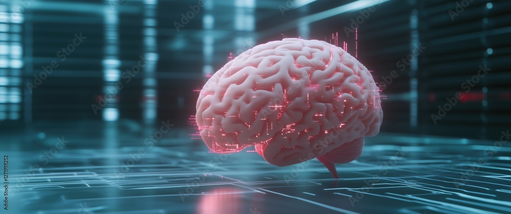 Poster 3d rendering of a human brain surrounded by artificial intelligence technology in a futuristic setti