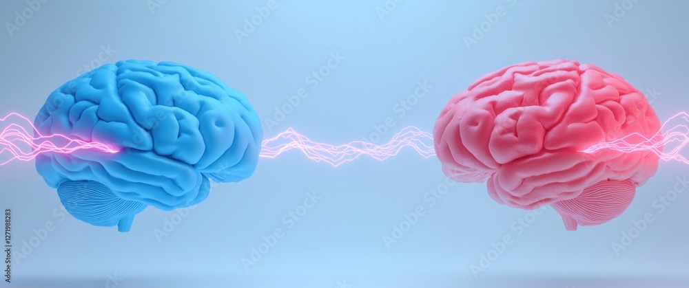 Poster blue and red brains connected by energy lines in a vibrant 3d rendering