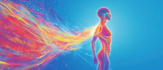 Abstract colorful energy flowing from a womans body, symbolizing vitality, health, and wellness on a vibrant blue background Concept of healing, aura, and spiritual energy