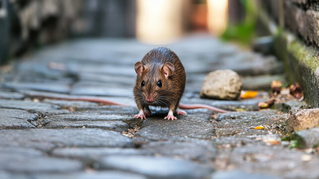 brown rat exploring city alley with urban elements, showcasing its curiosity and adaptability in urban environment