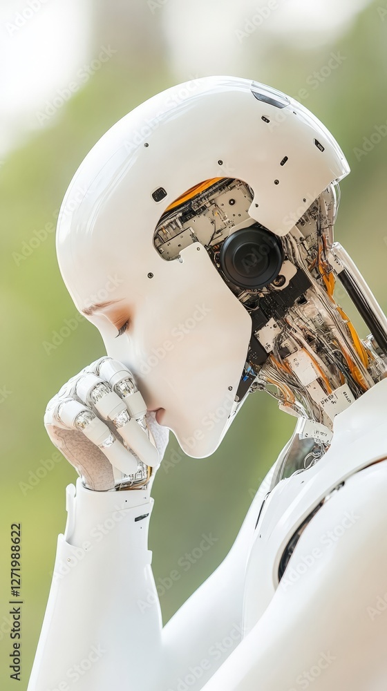Poster artificial intelligence humanoid robot in deep thought with futuristic white cybernetic design symbo