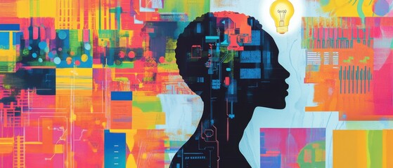 Silhouette of a Black person with circuit board design and lightbulb, symbolizing innovation, technology, and creativity in a vibrant, colorful abstract background