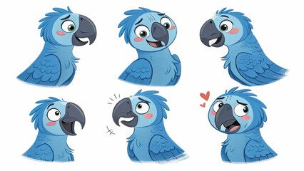 A set of emoji illustrations, 9 image matrices, an extremely cute peony parrot with blue feathers.