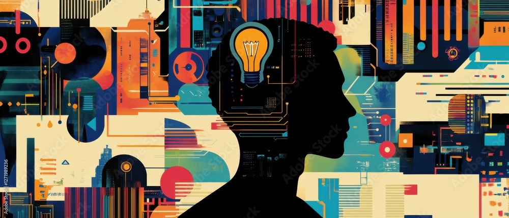 Poster silhouette of a person with a lightbulb inside their head, surrounded by colorful abstract shapes an