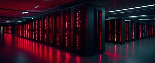 Intriguing red LED lights illuminate data center server racks in a dark environment