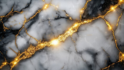 Black And White Marble Texture With Glowing Golden Veins Luxury Abstract Pattern