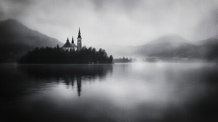 Monochromatic lake landscape with church island and fog.