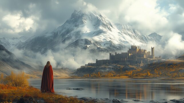A lone figure in a red cloak stands by a serene lake, gazing at an ancient castle nestled among snow-capped mountains under a dramatic sky