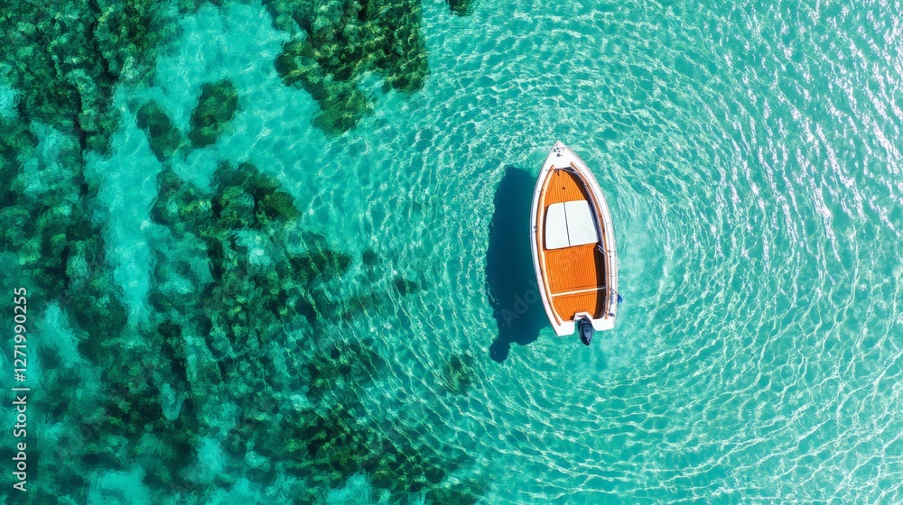Poster aerial view of a small motorboat with orange floor floating on incredibly clear turquoise water near