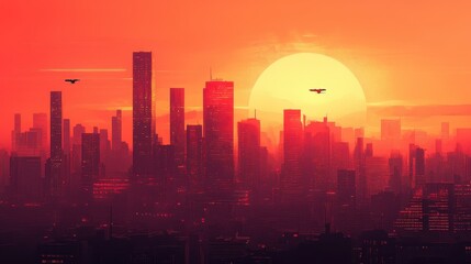 Futuristic cityscape basks under a colossal setting sun and drones