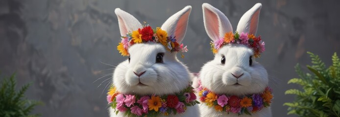 Fluffy bunny wearing a floral wreath around its neck, botanical, cute animal