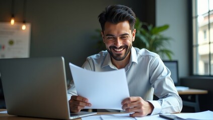 Smiling Latin or Indian male business man accountant analyst holding documents, work at laptop computer doing online trade market tech research. Focused Hispanic businessman with paperwork in office