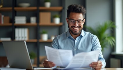Smiling Latin or Indian male business man accountant analyst holding documents, work at laptop computer doing online trade market tech research. Focused Hispanic businessman with paperwork in office
